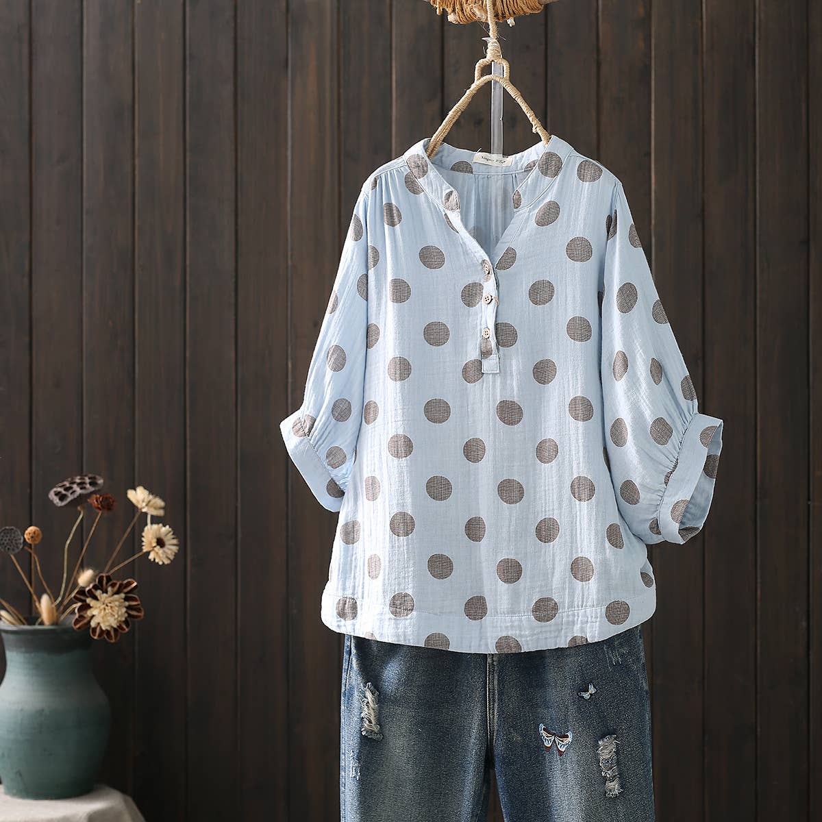 Whisper Mint - Wholesale Blouse - Women's - Double-Layer Cotton Gauze Shirt Blouse Loose-Fit Blouse11