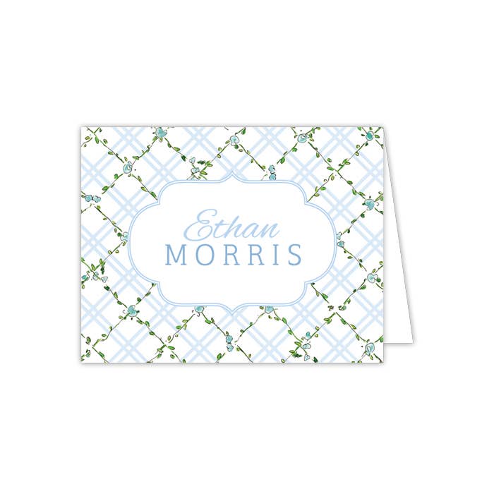 RosanneBeck Collections - Vente Assortiments de papeterie/cartes - Note pliée à motif de treillis de verdure bleue peinte à la main