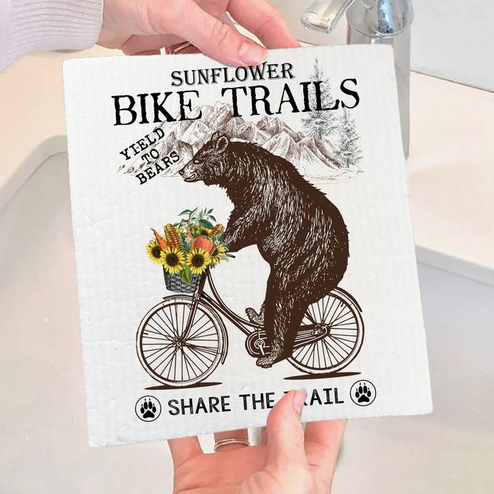 Share the Trail Black Bear Bicycle Swedish Dish Cloth for wholesale by Avery Lane Gifts