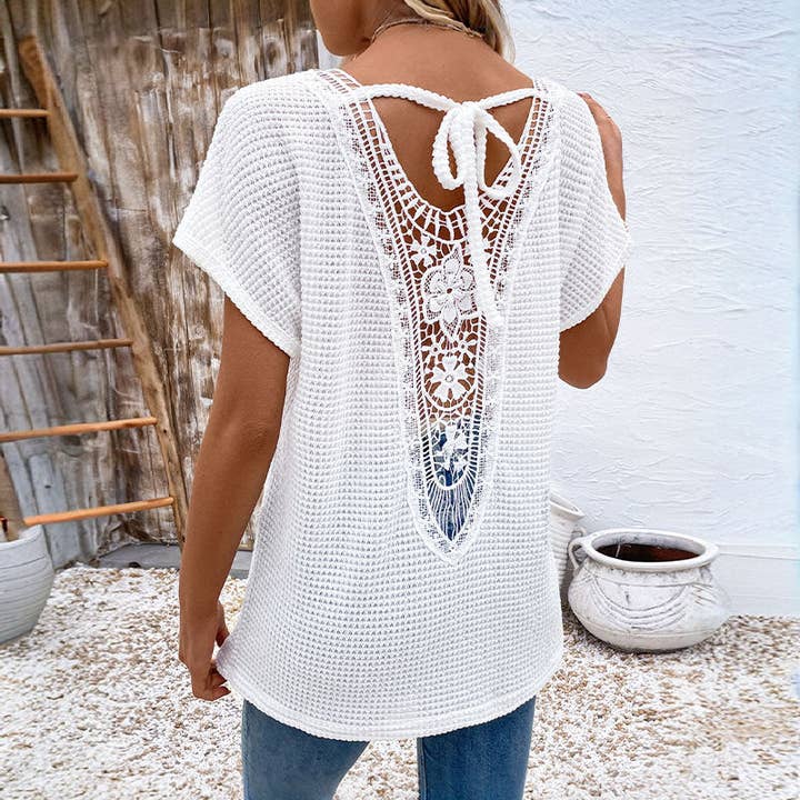 White Top V-neck Short Sleeve Cutout for wholesale on Faire