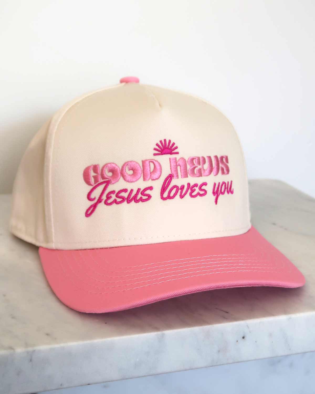 Sundrop - Wholesale Trucker Hat - Women's - Good News, Jesus Loves You Embroidered Pink Hat1