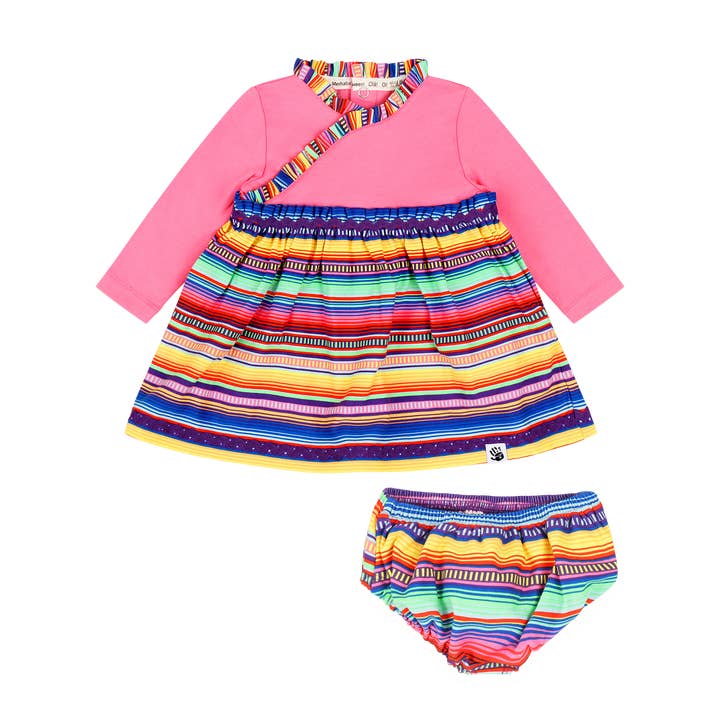 Infant Long Sleeve Ruffle Trim Dress and Bloomer Set - Pink Multicolor Stripe for wholesale by Mixed Up Clothing