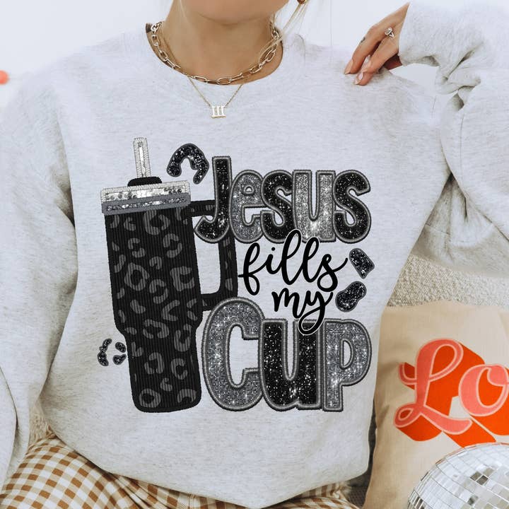 Jesus Fills My Cup Black And White Faux Embroidery for wholesale by MidWest Tees