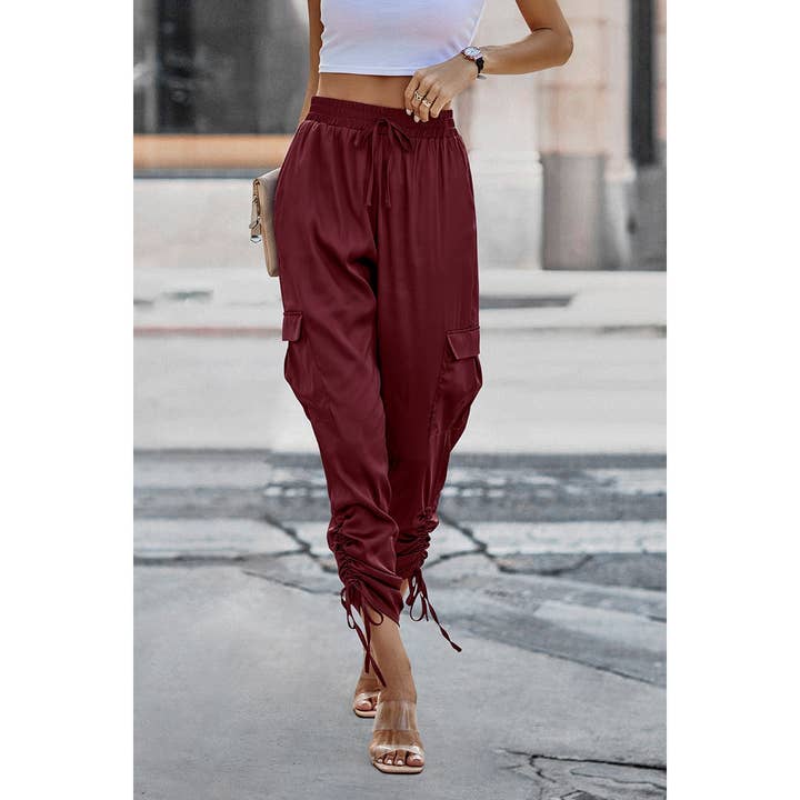 Supreme Fashion - Wholesale Pants - Women's - Solid Drawstring Hem Flap Pocket Side Stacked Pants5