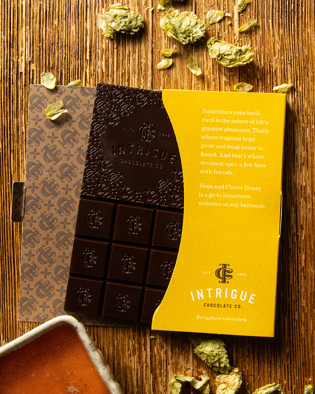 Intrigue Chocolate Co. - Wholesale Chocolate Bar - Hops, Clover Honey Bar1