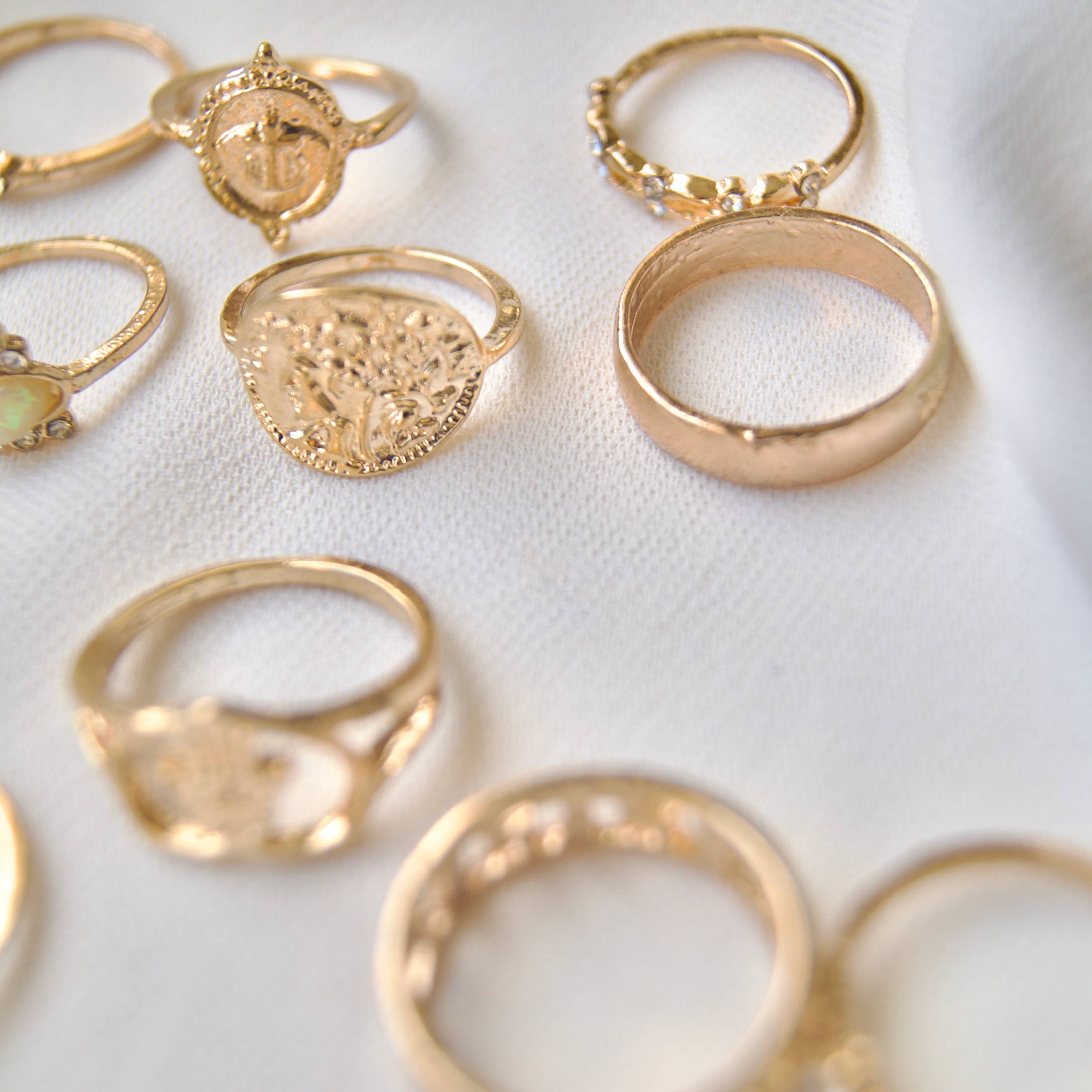 EAST INDIA IMPORTS - Wholesale Band/Stacked Ring - 15-Piece Matte Gold Fashion Ring Set with Opal Accents4