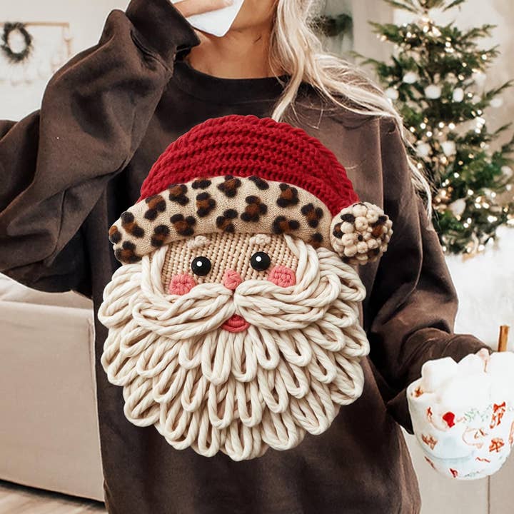 Maglietta di Babbo Natale all'uncinetto con filato leopardato alla moda, Natale in finto filato per la vendita all'ingrosso da parte di DLT Ecommerce