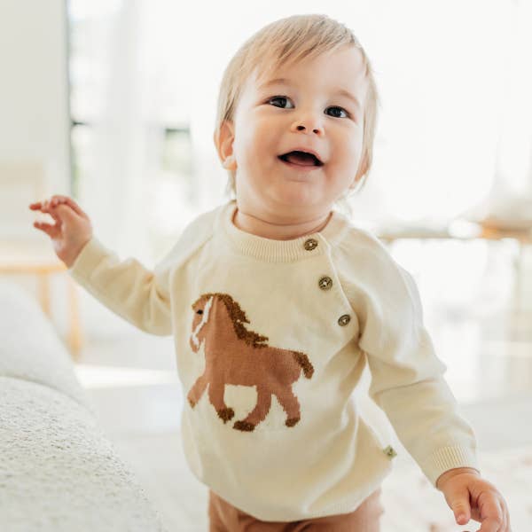 Natural Horse Jacquard Sweater Knit Baby Pullover (Organic Cotton) for wholesale on Faire3