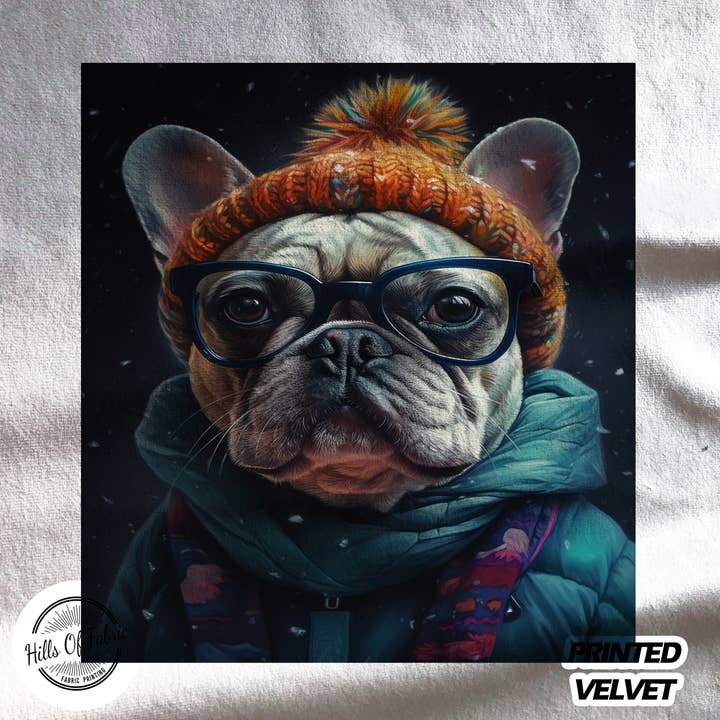 Pannello in tessuto stampato Winter Animals Snow French Bulldog per la vendita all'ingrosso da parte di Hills Of Fabric
