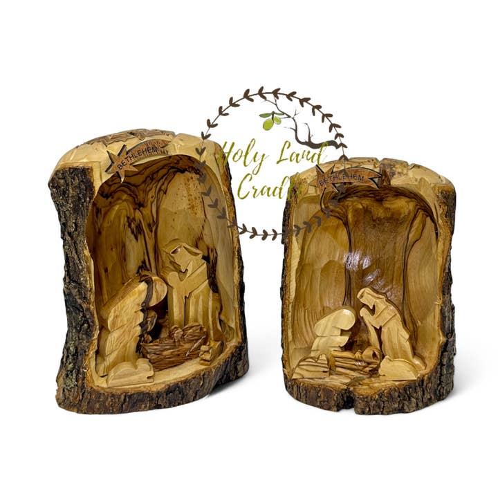 Olive Wood Nativity with Natural Bark for wholesale by Holy Land Cradle