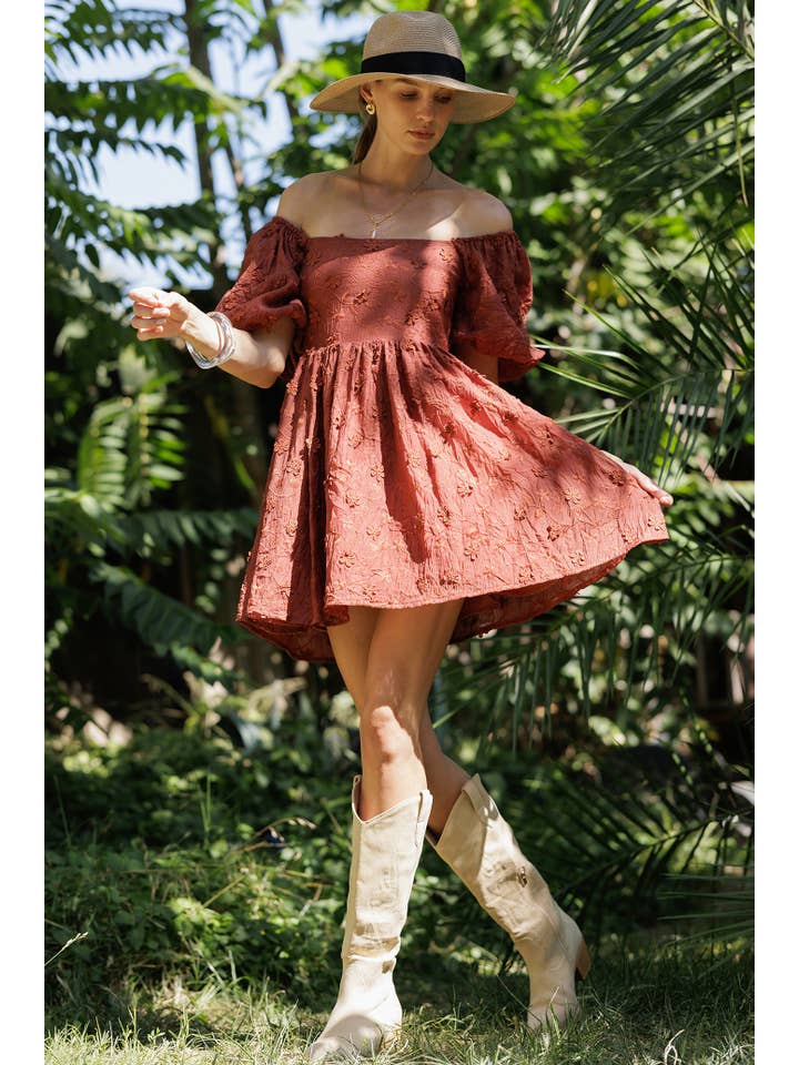 RUST YD5019 Embroidered Puff Sleeve Off-Shoulder Mini Dress for wholesale on Faire5