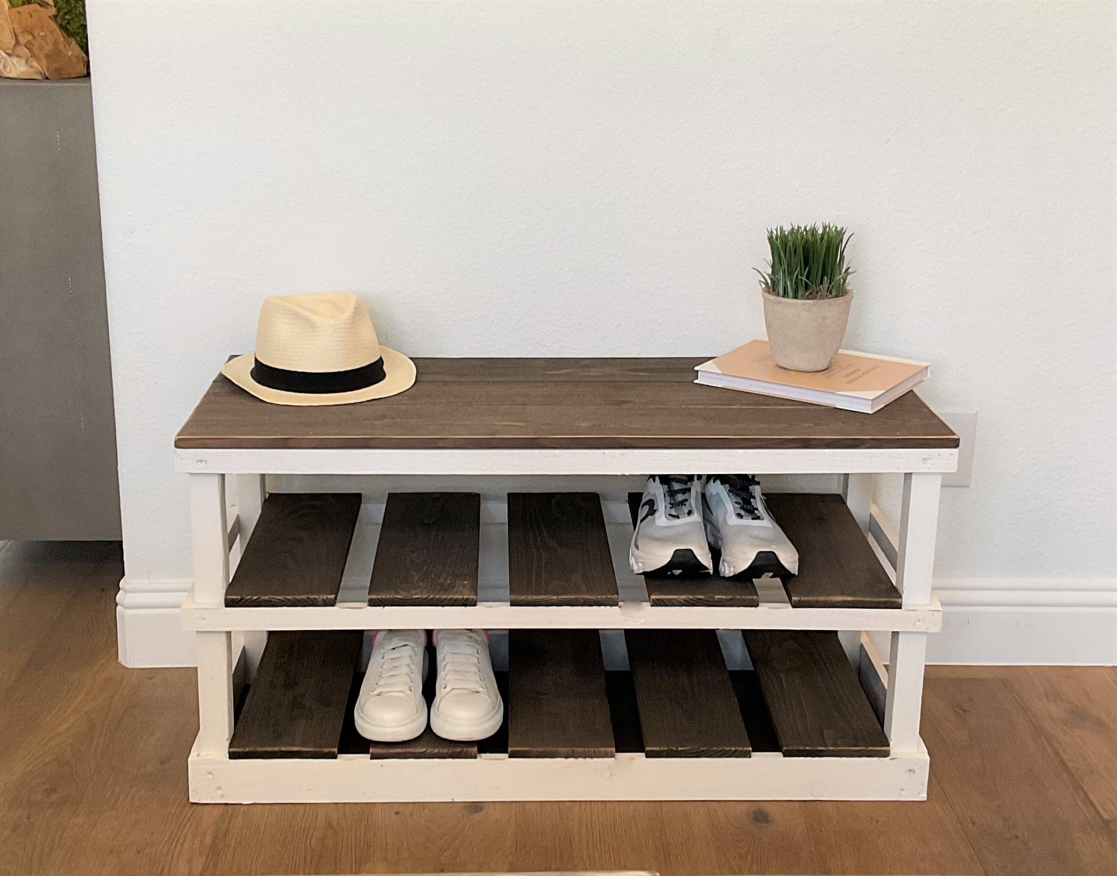 Intrinsic Haven - Vente Étagères à chaussures - Banc-rangement rustique en bois à deux étages pour chaussures15