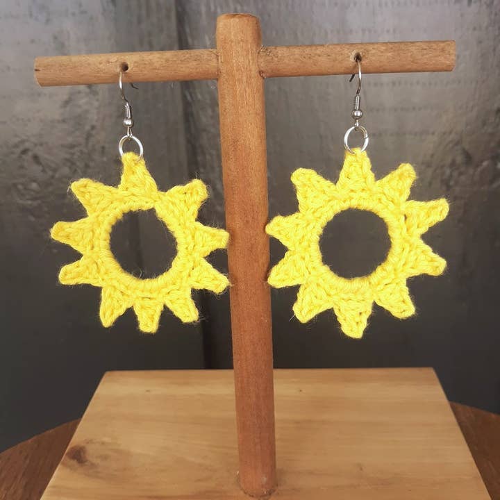 Crochet Cotton Yellow Sun Sunburst Earrings for wholesale by Clover Garden Crafts