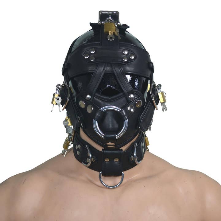 Meninleather - Wholesale Costume - Unisex - Leather Gear Face Hood Fetish Bondage Muzzle Gag Dildo Rings Locking Buckles