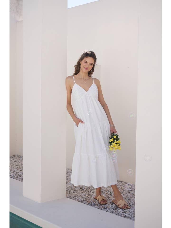 in february - Wholesale Dress - Women's - CROCHET FLARE SMOCKED MAXI DRESS WITH TIERED RUFFELES