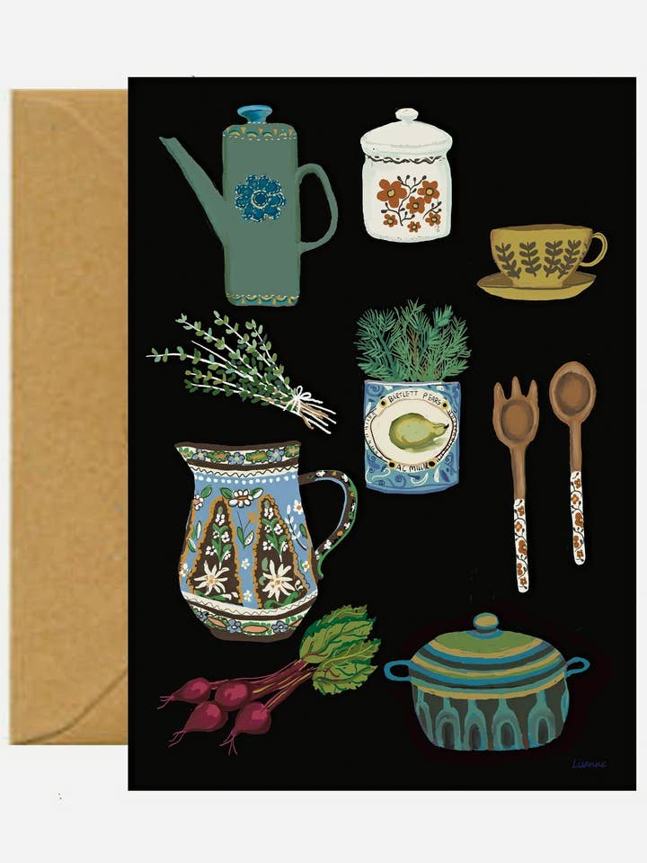 Kitchenalia Greetings Card for wholesale by Pink Pen Studio