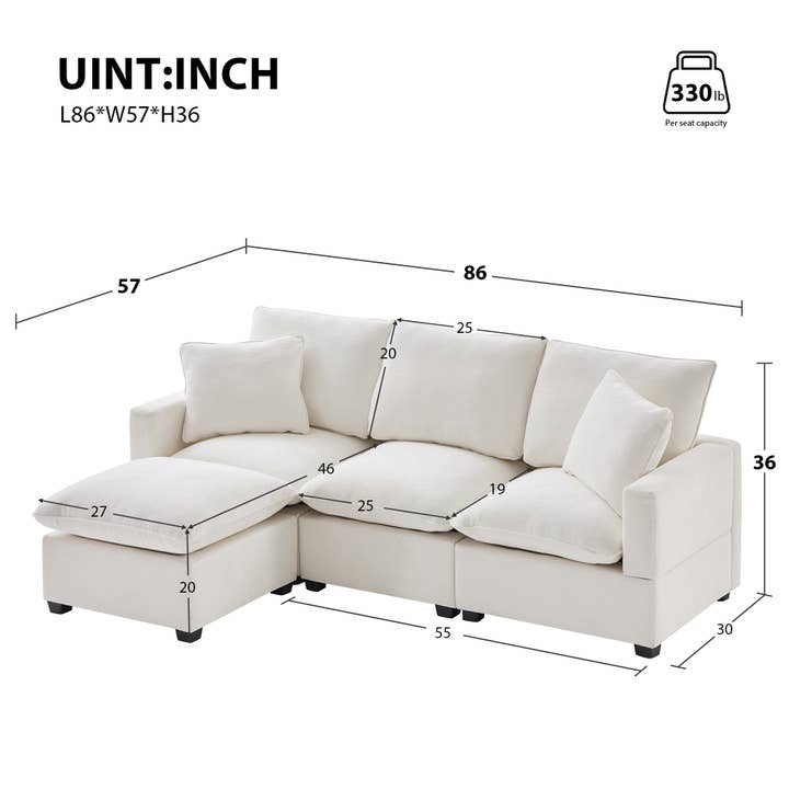 White Modern Modular 4-Seat Chenille Sectional Sofa with 2 Pillows for wholesale on Faire