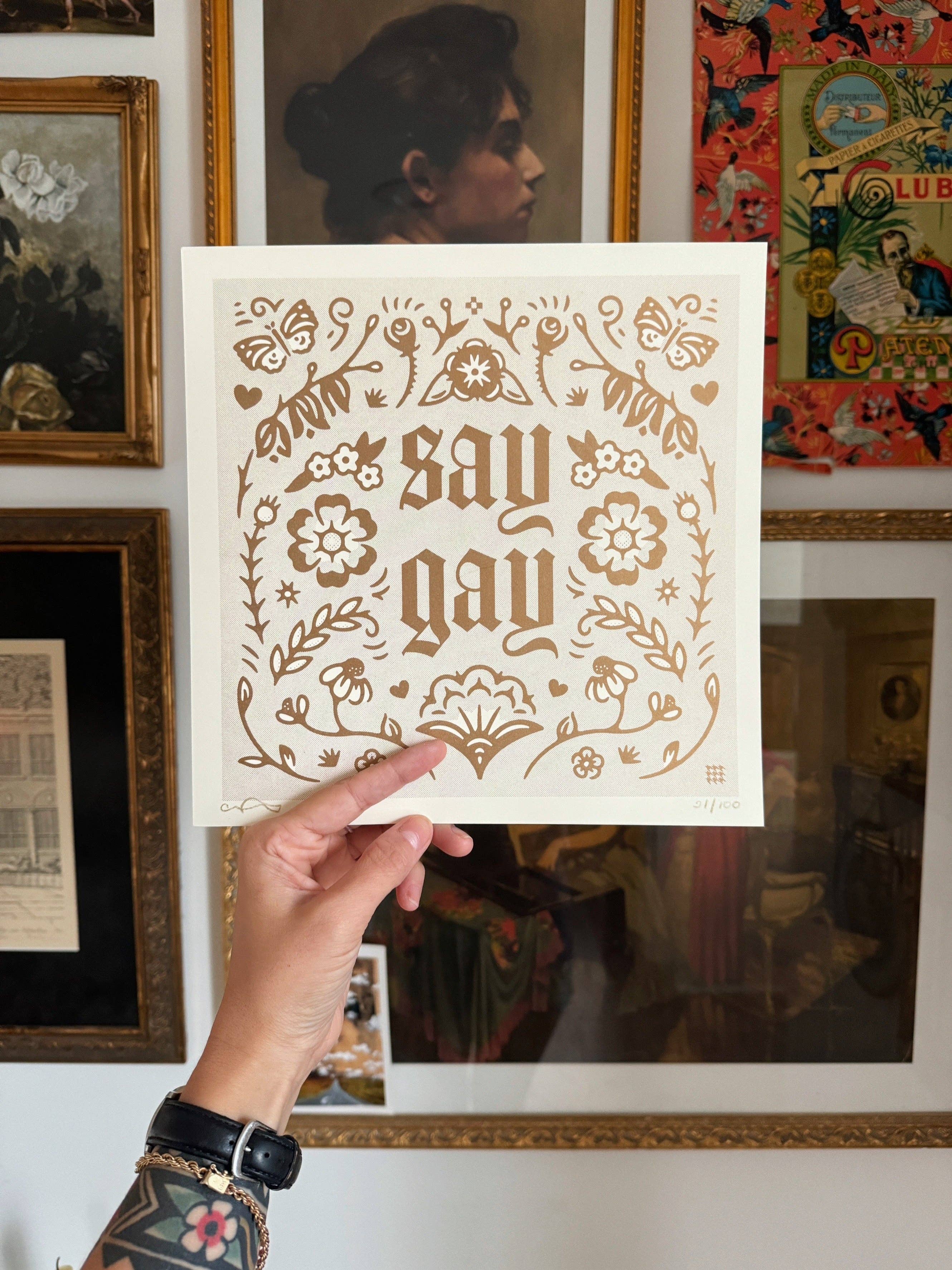 Houndstooth Design + Supply Co - Wholesale Art Print - Say Gay Risograph Print - Gold (Limited Edition)2