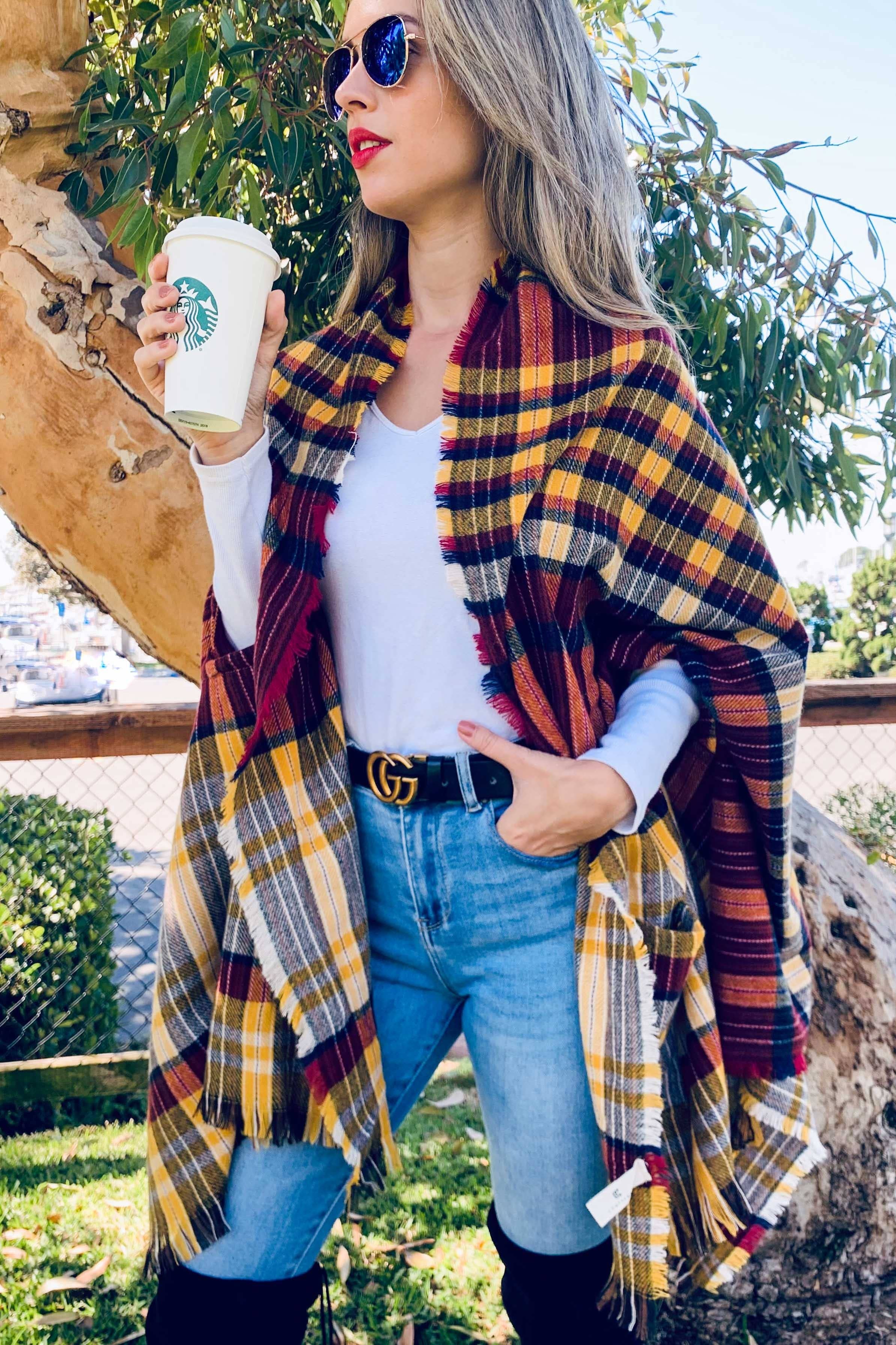 Mustard Plaid Knitted Shawl Scarf With Pocket for wholesale on Faire1