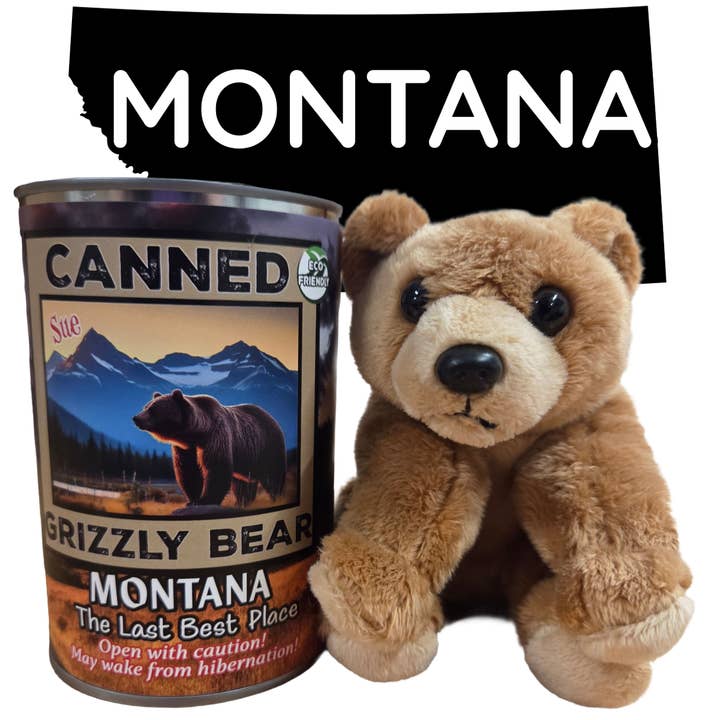 Montana Edition | Canned Grizzly Bear | Plush Animal w/Jokes for wholesale by Canned Gifts