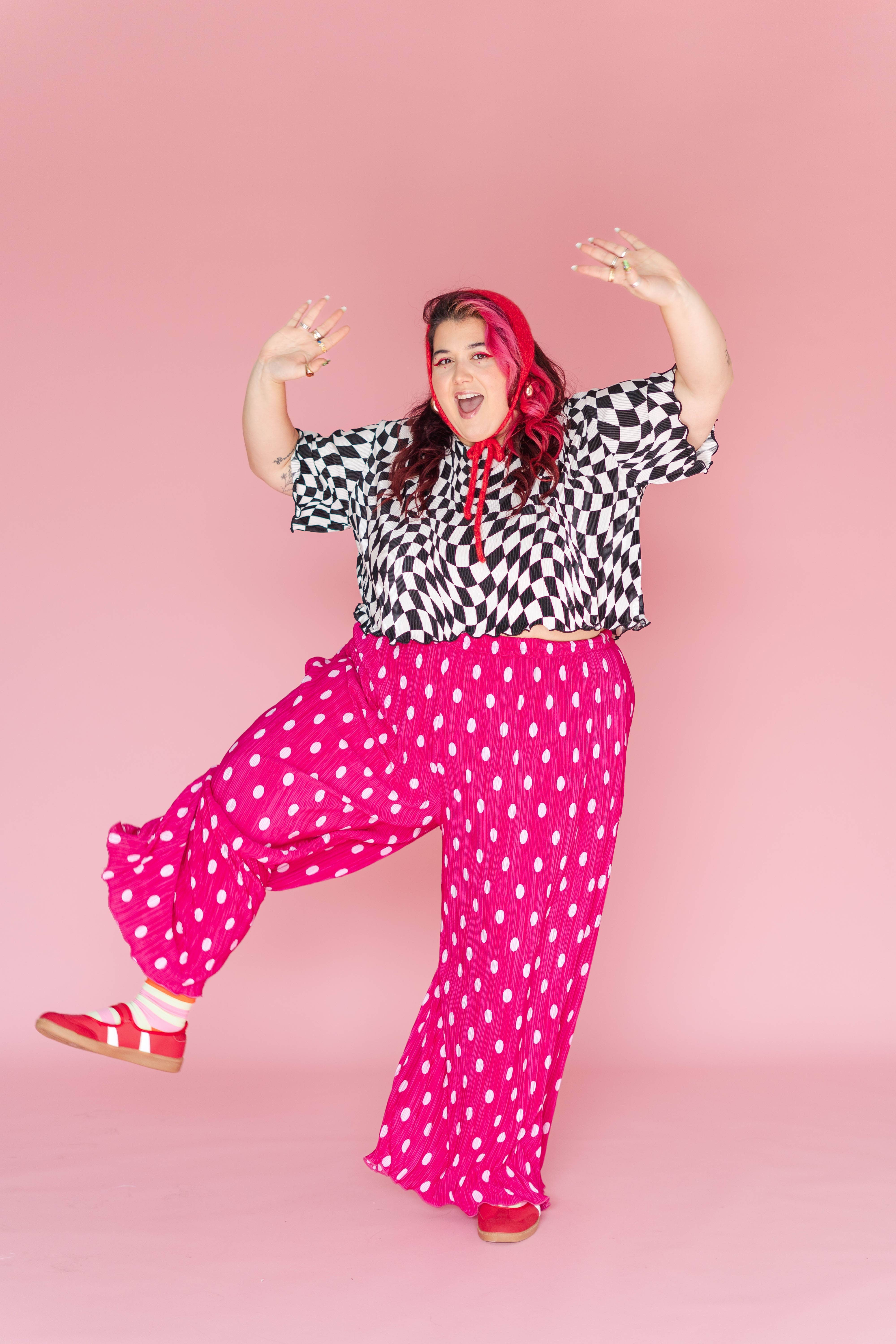 Nettle Studios - Wholesale Pants - Women's - Size Inclusive Hot Pink & White Polka Dot Pleated Flare Pant21