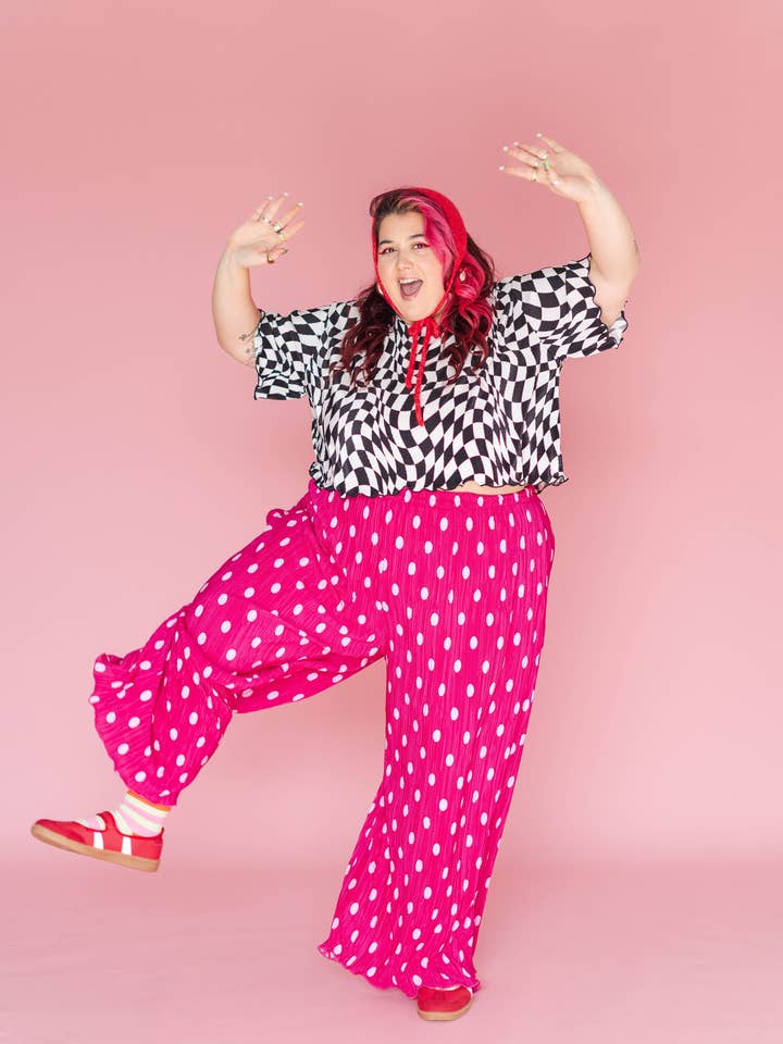 Nettle Studios - Wholesale Pants - Women's - Size Inclusive Hot Pink & White Polka Dot Pleated Flare Pant21