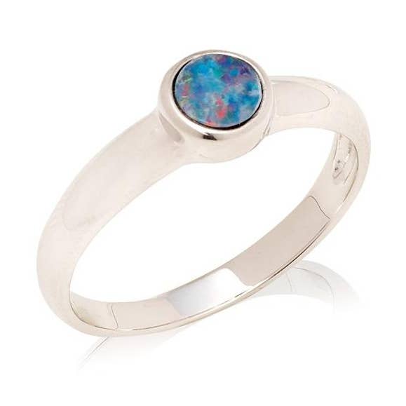 Ring with blue opal doublet from Australia round, sterling silver for wholesale by OPALOOK France