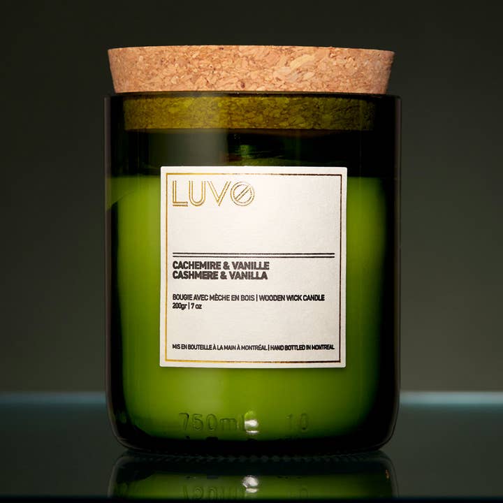 Cashemere & Vanilla wooden wick scented Candle wine bottle for wholesale by LUVO Parfums