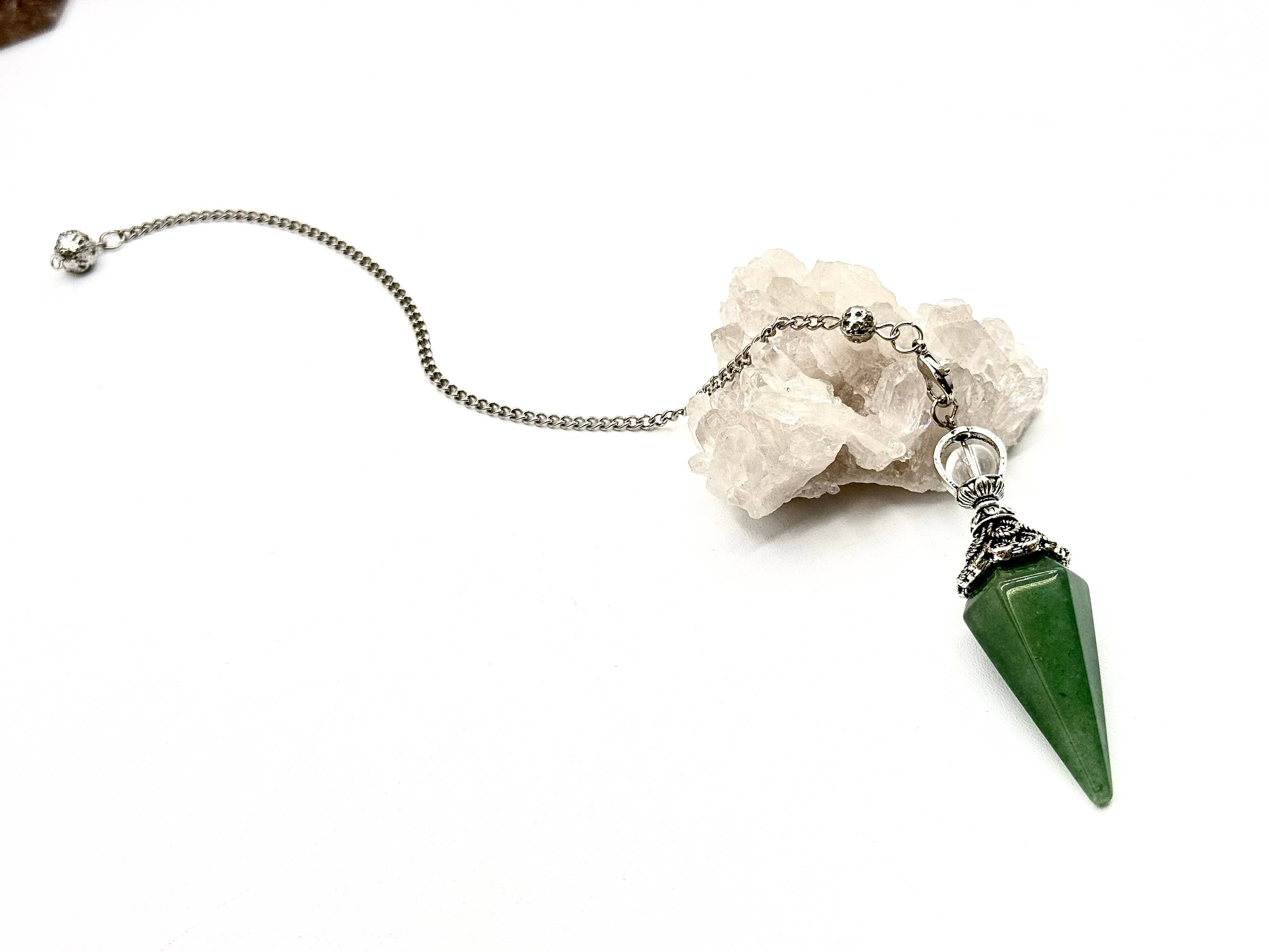 Meraki Gemstones - Wholesale Pendulum Board - Green Aventurine Double Cap Pendulum with Silver Plate Chain1