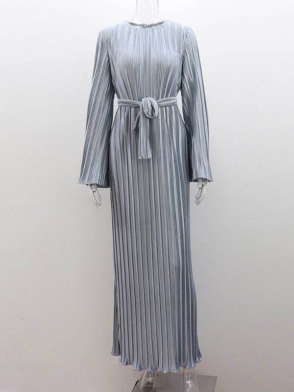 StyleGalX - Vente Robe – femme - Robes maxi à col rond plissées à manches longues et manches évasées de couleur unie0