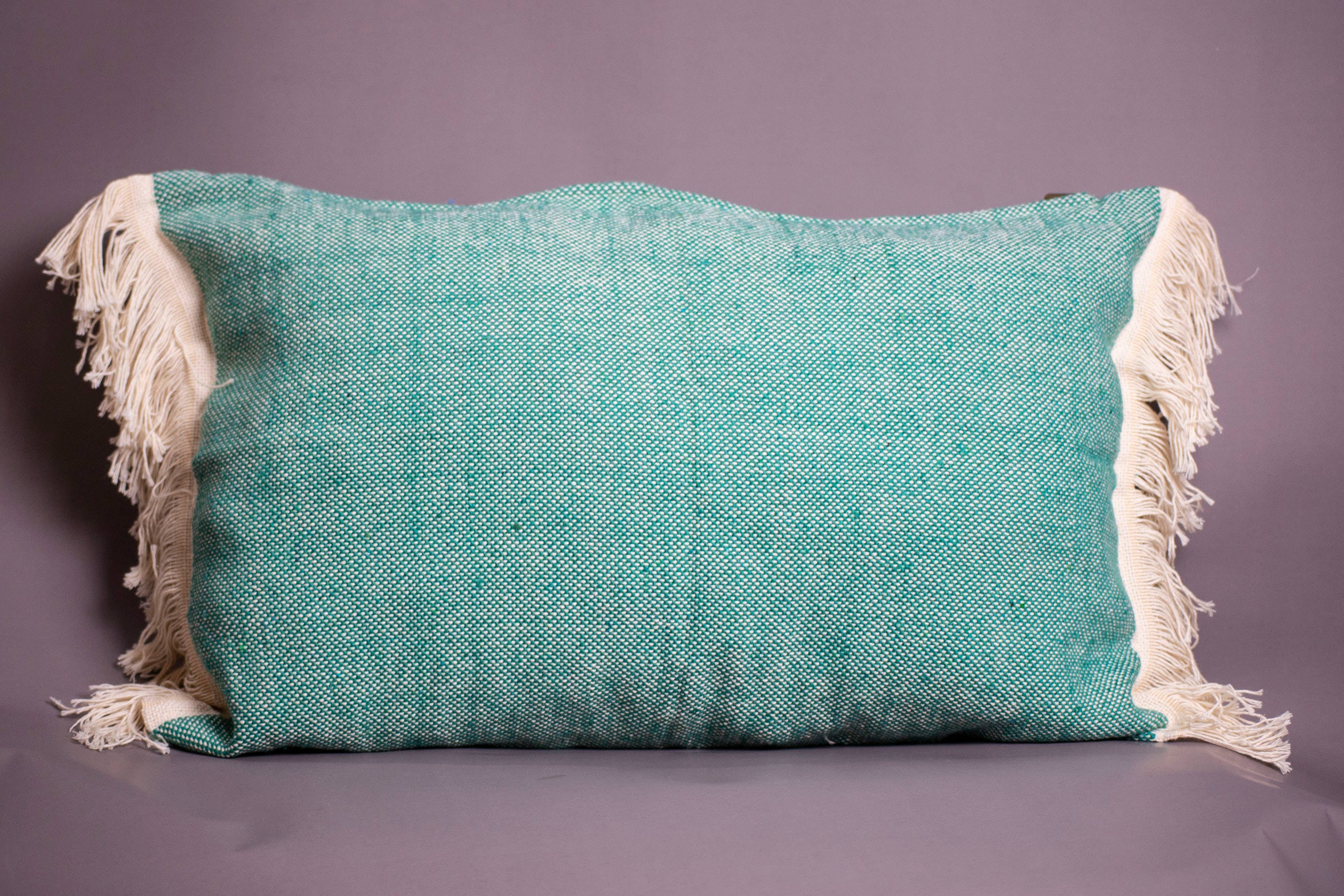 bazarifinagh - Wholesale Throw/Decorative Pillow - Handmade Moroccan Turquoise Pillow with Cream Fringe 40x60cm0
