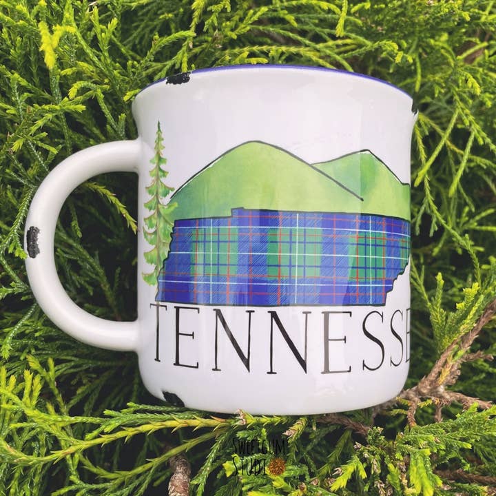 Sweetgum Studio - Wholesale Coffee Mug - Stoneware Distressed Mug with Blue Trim 14 oz.13