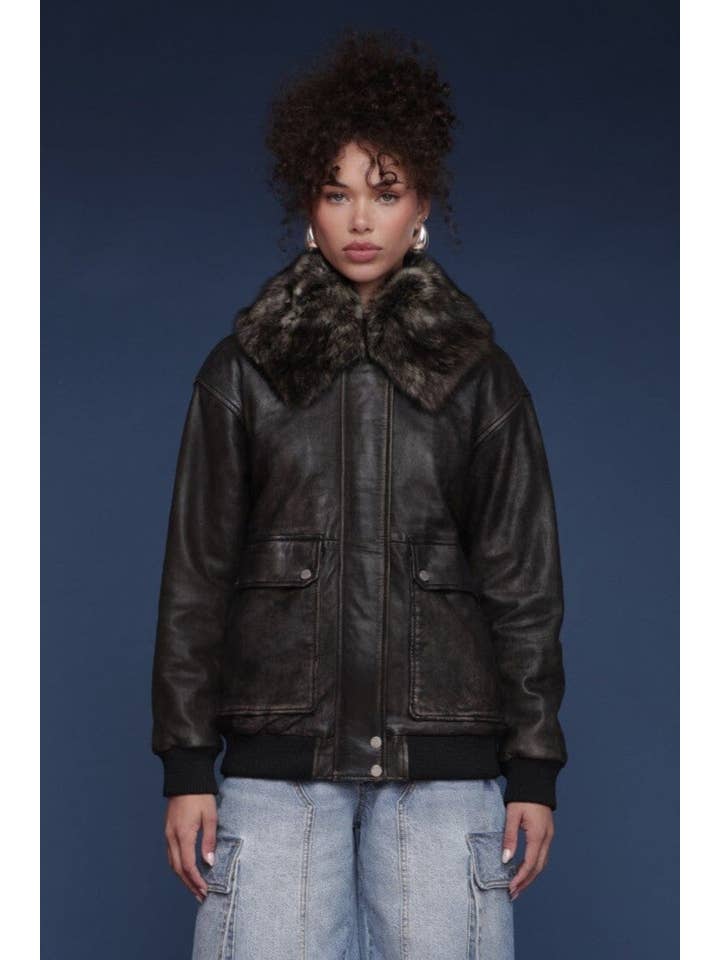 Washed Black Shearling Collared Genuine Leather Bomber Jacket for wholesale on Faire4