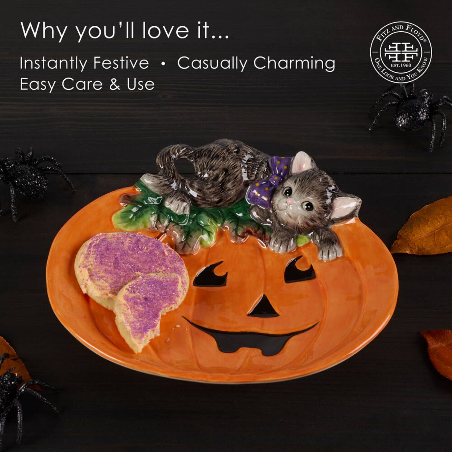 Multi Fitz & Floyd Halloween Kitty Canapé Plate 8.5In Brown Bx Pkg for wholesale on Faire3
