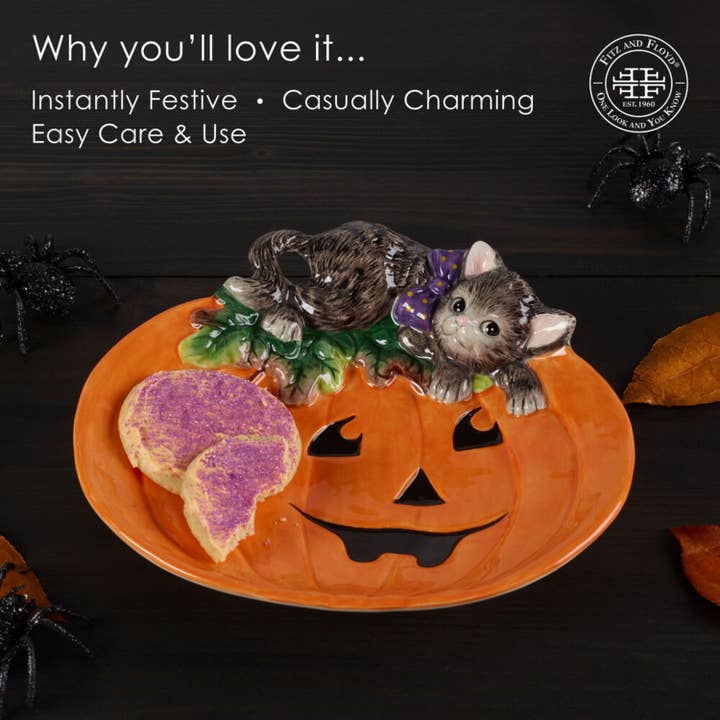 Multi Fitz & Floyd Halloween Kitty Canapé Plate 8.5In Brown Bx Pkg for wholesale on Faire3