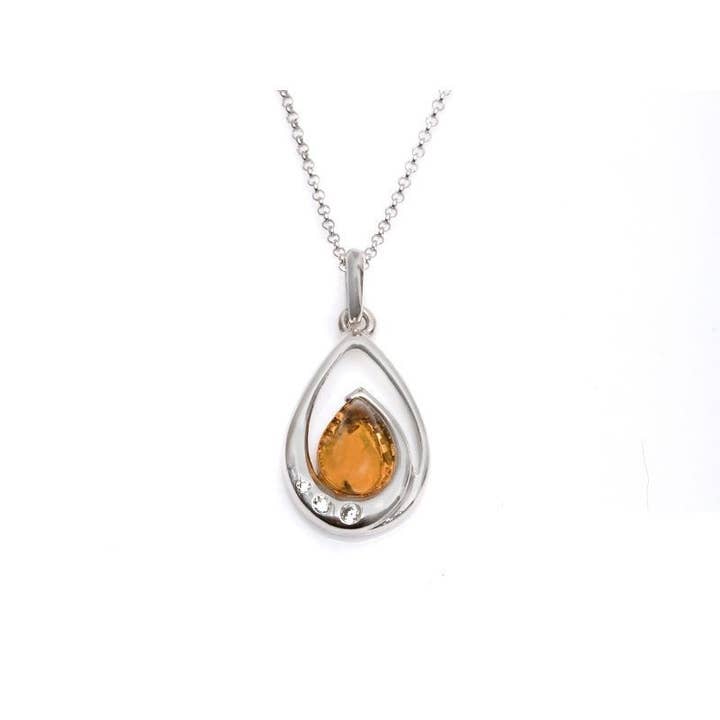 Amber drop and swarovski crystal necklace, silver, 42 + 3 cm for wholesale by OPALOOK France