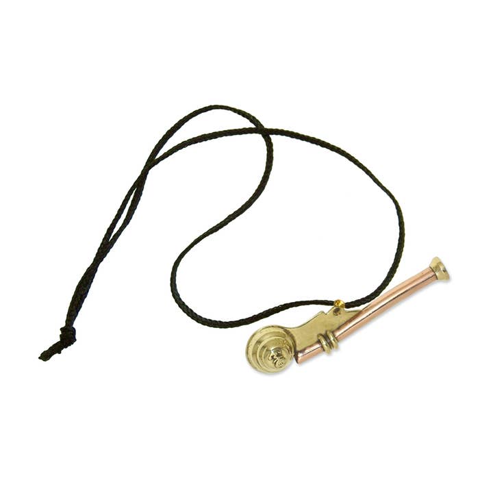 Brass and Copper Bosun Whistle with Black Necklace Cord, 3" for wholesale by Madison Bay Co. - Historical Home Decor Reproductions