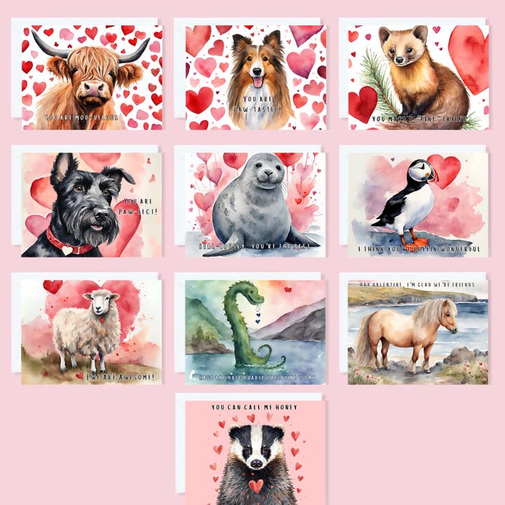Animals of Scotland Valentine Greeting Cards for wholesale by Primrose Thistle