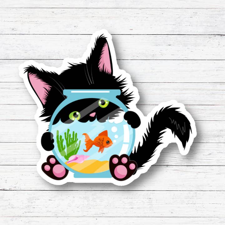 Oily Graphic Creations - Wholesale Sticker - Cat with Fish Tank- Cat Stickers/Magnet1