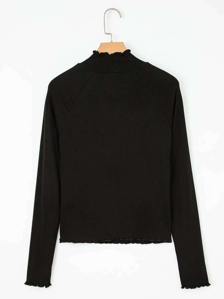 Lovesoft – wholesale Knit top – Women's – Black Ribbed Knit Lettuce Trim High Neck Long Sleeve Top4