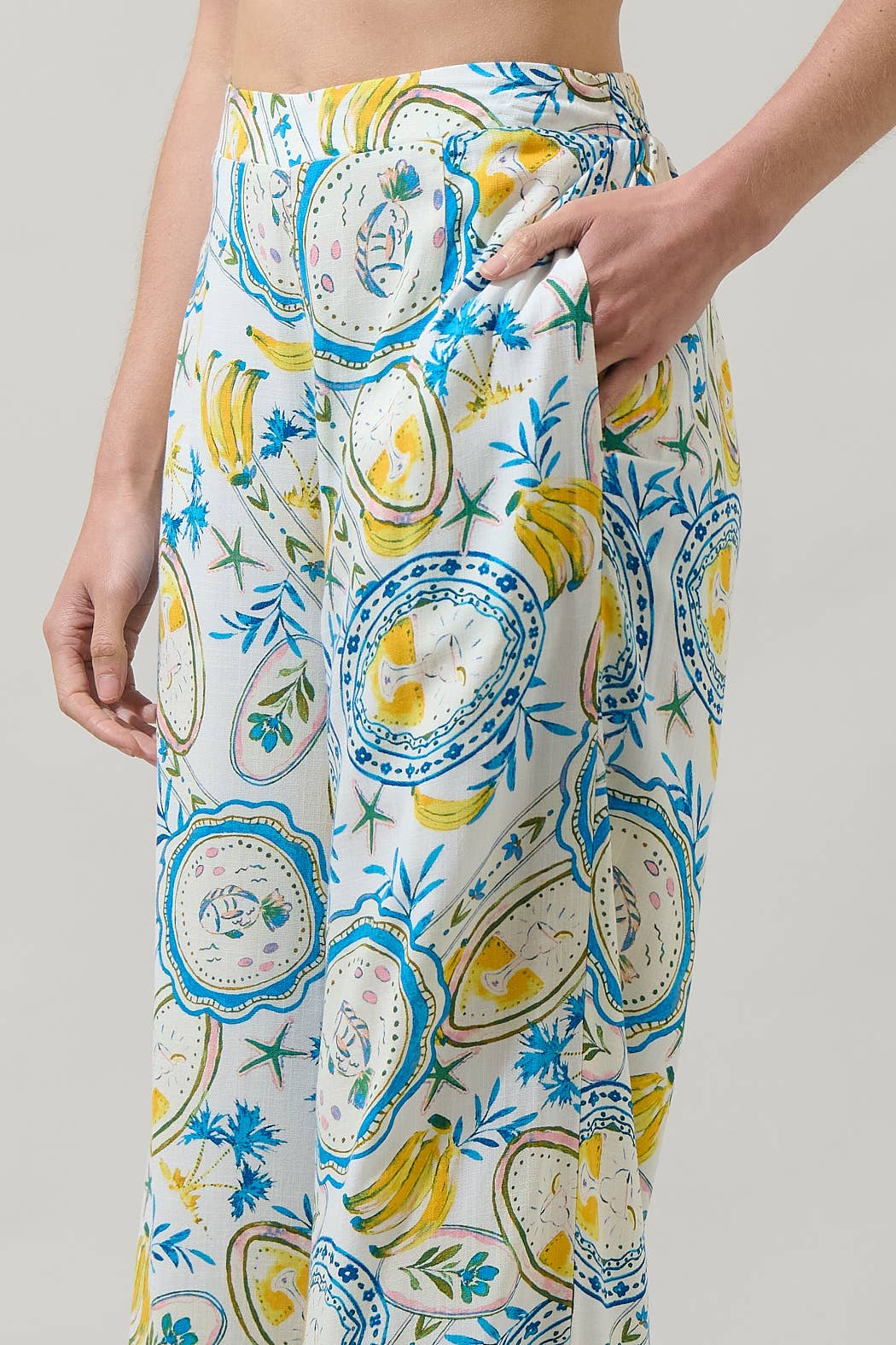 WHITE BLUE YELLOW Harvest Island Elena Floral Wide Leg Pants for wholesale on Faire4