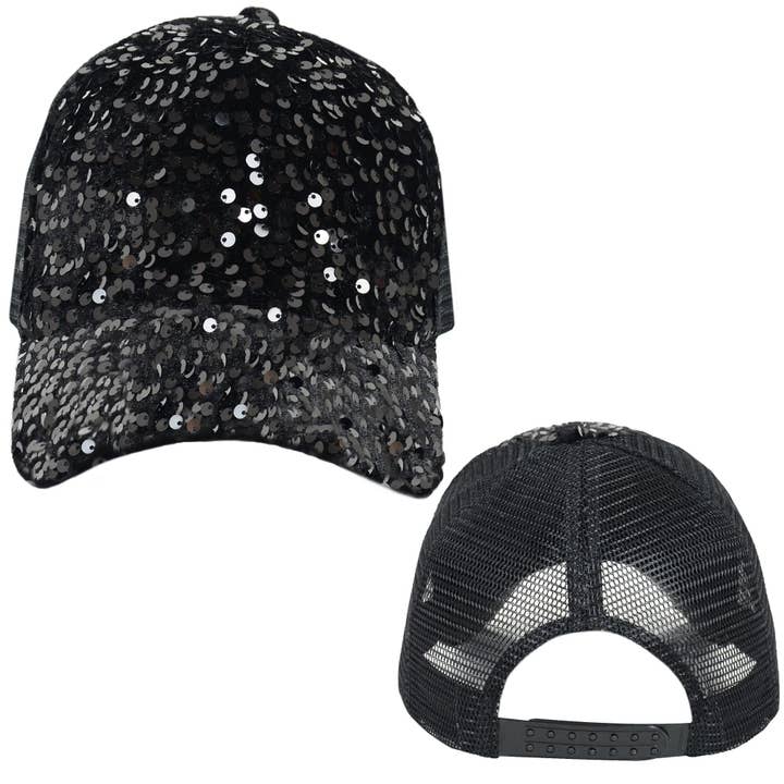 AK Brand - Wholesale Ponytail Cap - Women's - Women's Sparkly Sequin Baseball Cap Messy Low Bun Ponycap