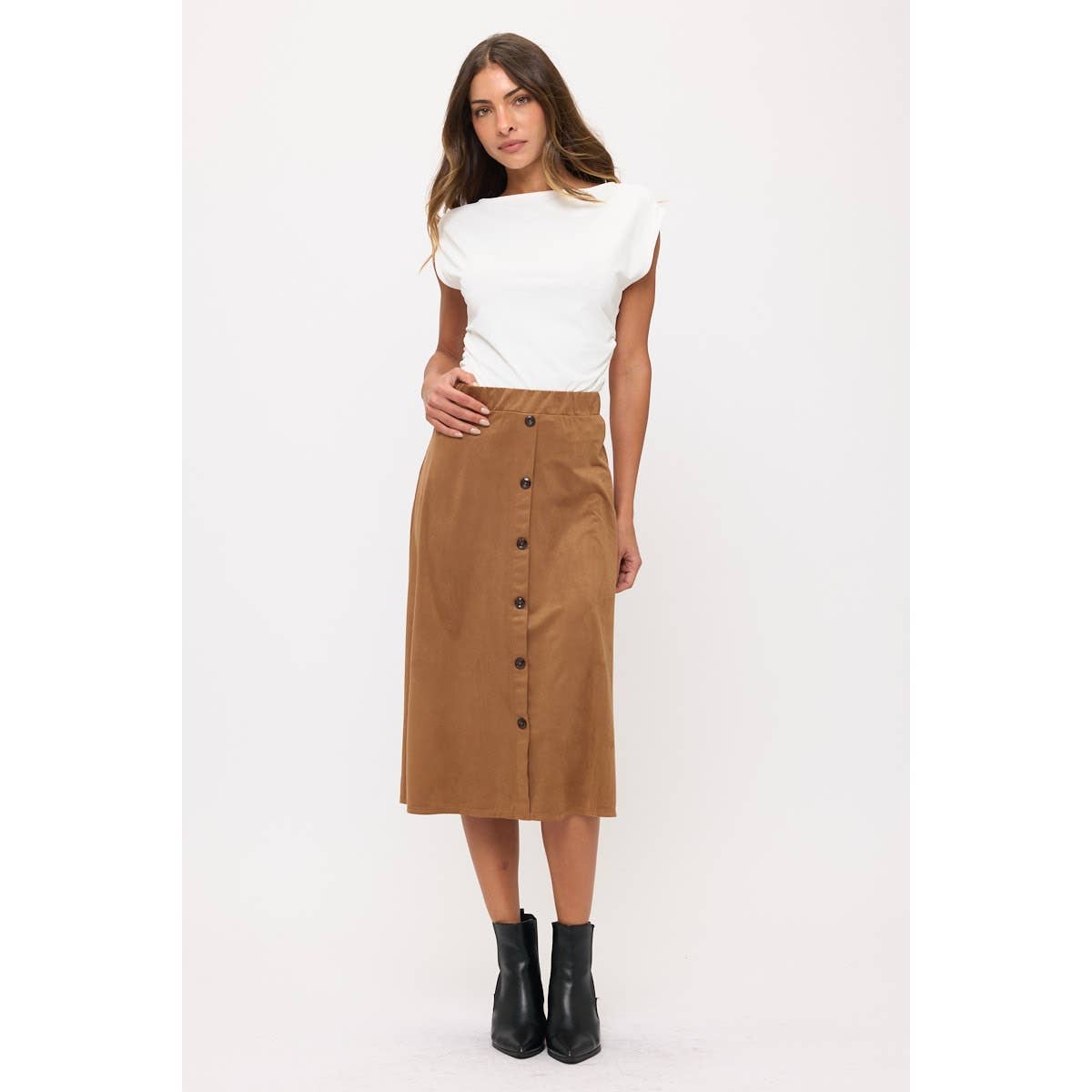 COGNAC ELASTIC WAIST ALINE BUTTON DOWN SUEDE SKIRT for wholesale on Faire1