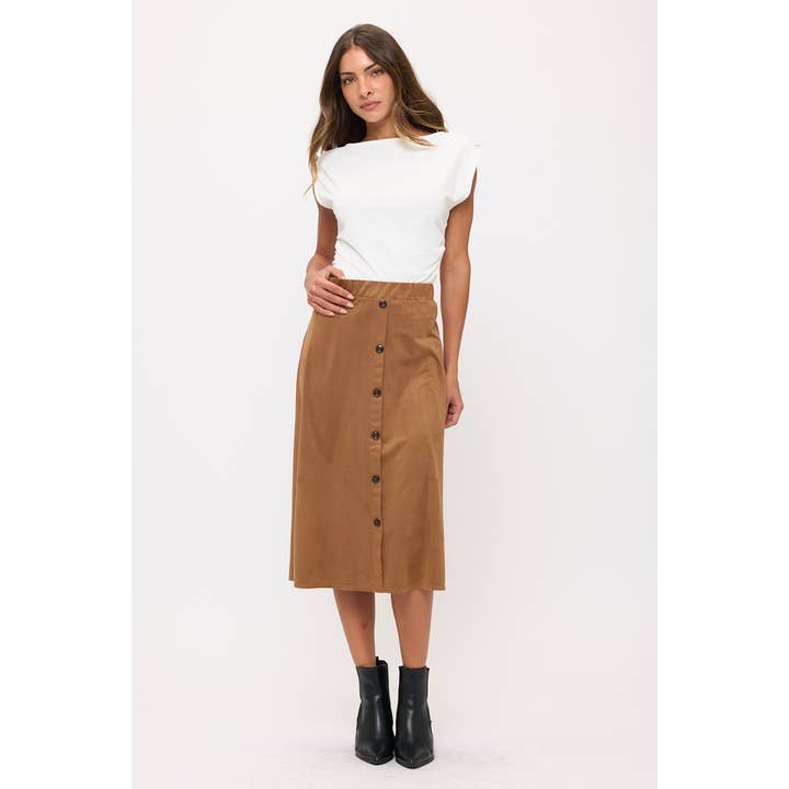 COGNAC ELASTIC WAIST ALINE BUTTON DOWN SUEDE SKIRT for wholesale on Faire1