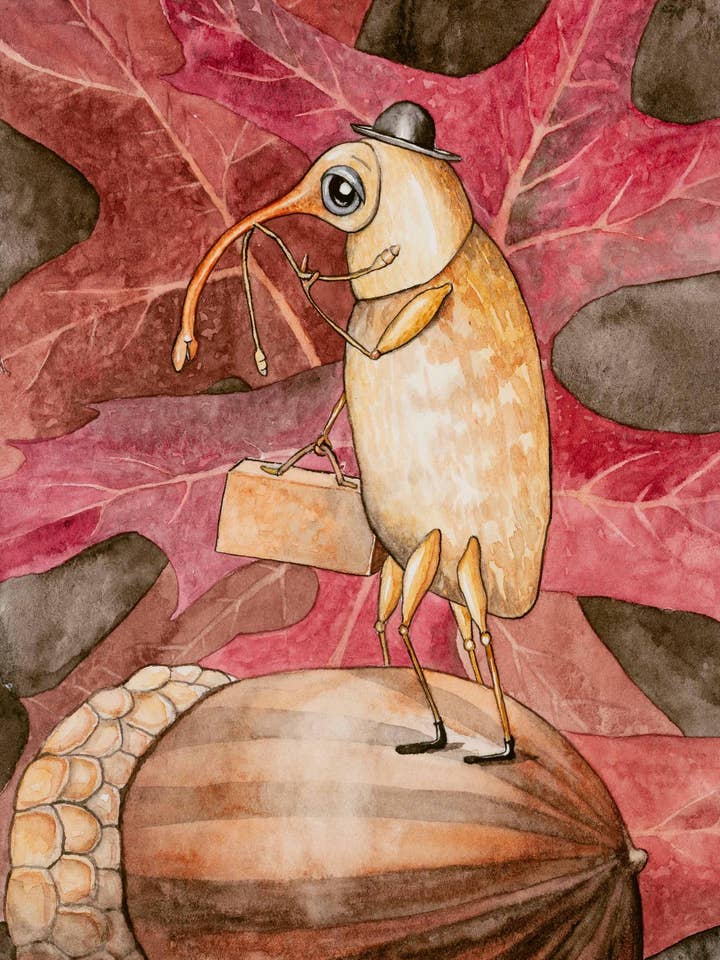 Impresión en Acuarela Giclée de Gorgojo de Bellota y Roble Pin 14"x11" para venta al por mayor de Katie Crawford Art