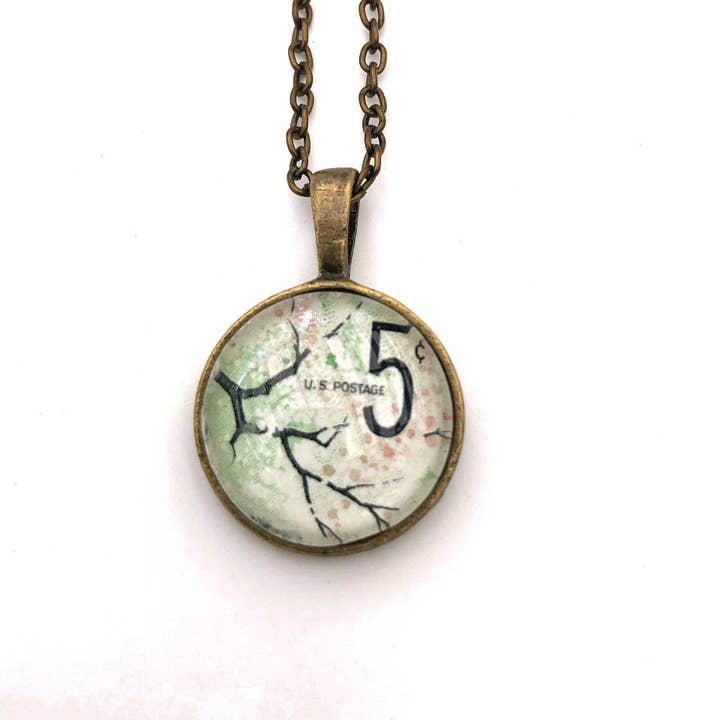 1966 Cherry Blossoms - US Stamp - Postage stamp jewelry - Vintage Postage Stamp Necklace - Antique bronze finish for wholesale by Postage Stamp Jewelry
