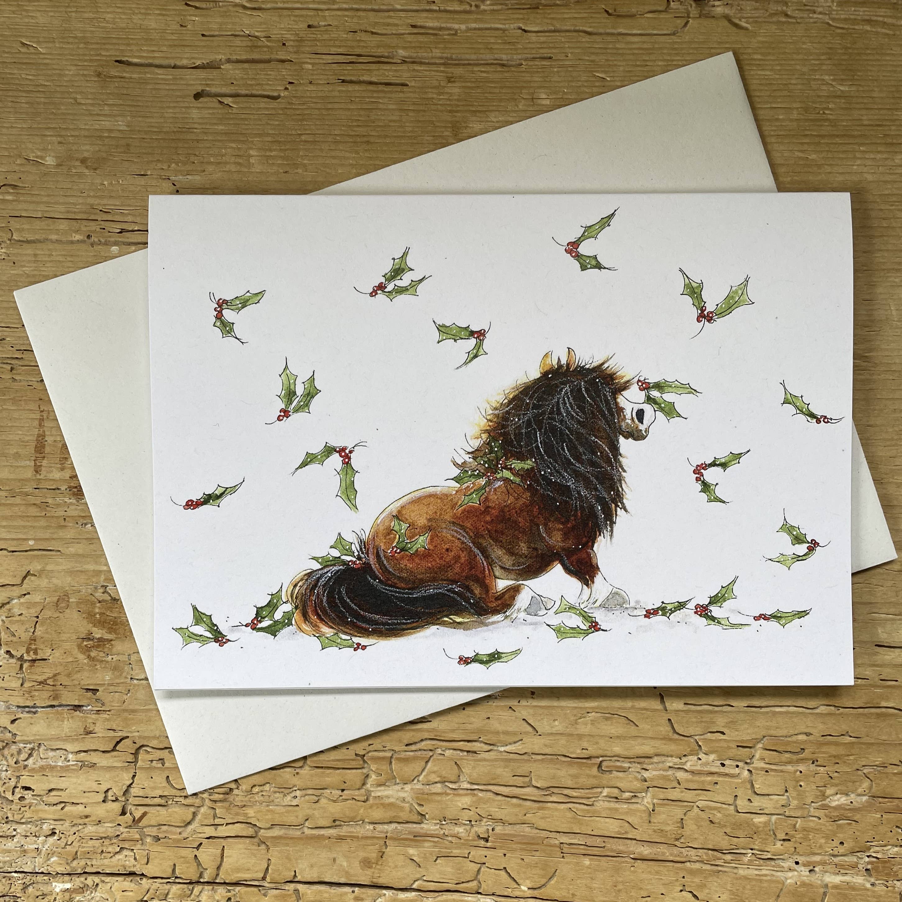 Pony Nut Gifts – postal de Natal por atacado – Cartão de Natal Azevinho - Cartão de Saudação Shetland Pony Holiday1