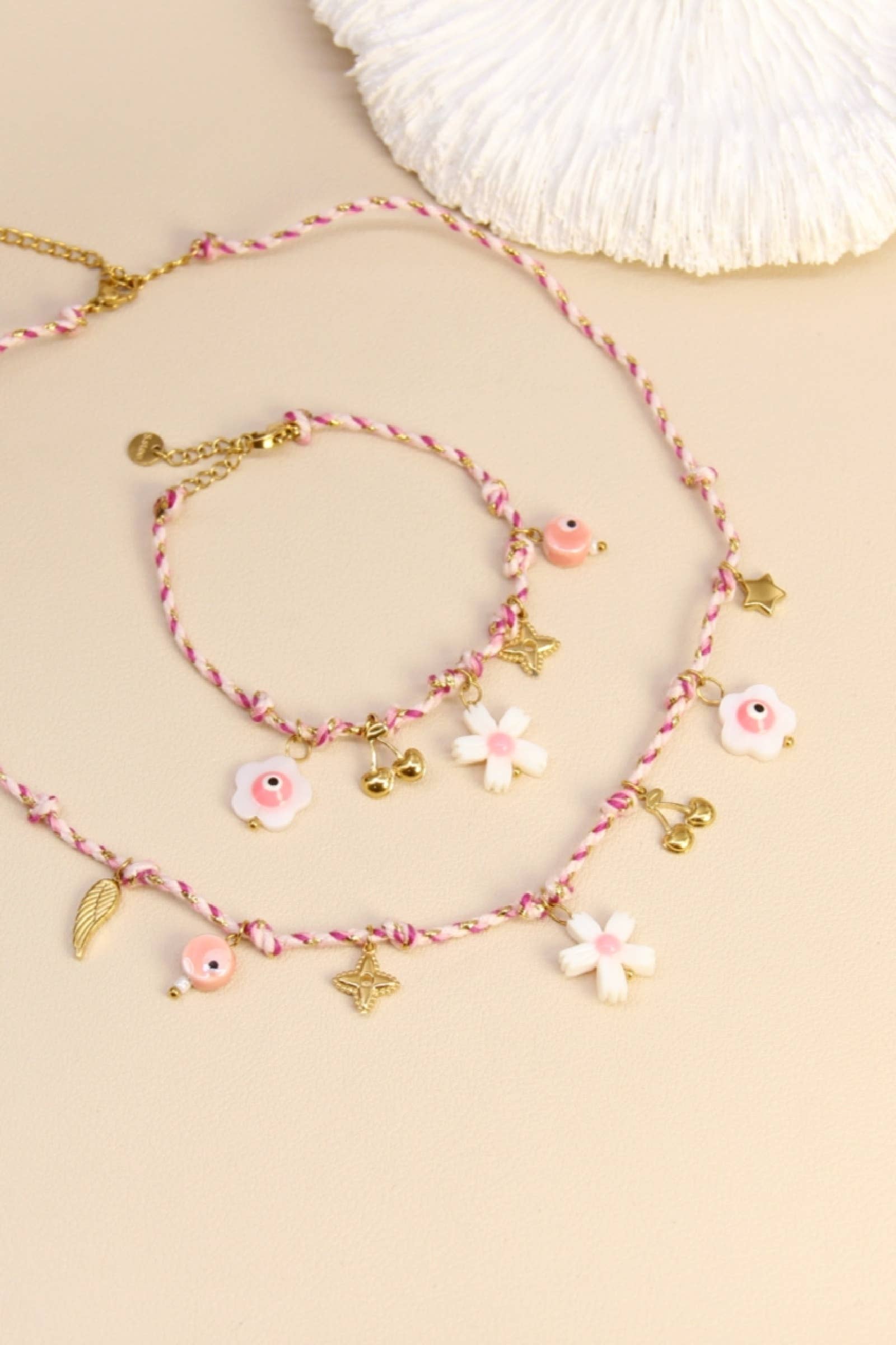 Pink Fantasy Rose Duo Charm Necklace And Bracelet Set for wholesale on Faire