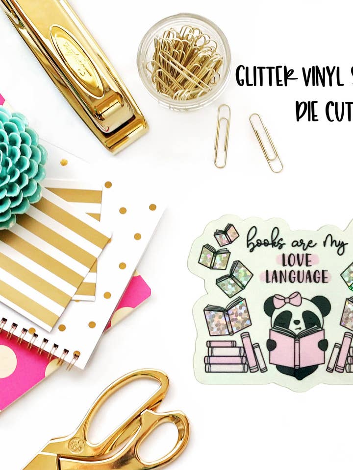 Bøger er min kærlighed sprog Glitter Vinyl Sticker Die Cut for engroshandel hos Sparkly Paper Co