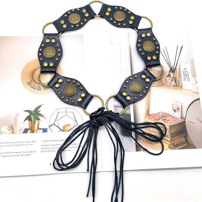 Dipped Shop - Wholesale Belt - Women's - Vintage Studed Metal String Leather Belt DPWB03200